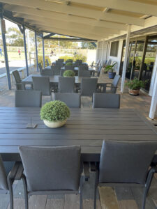 Our recently renovated outside seating with views over the beautiful greens. 